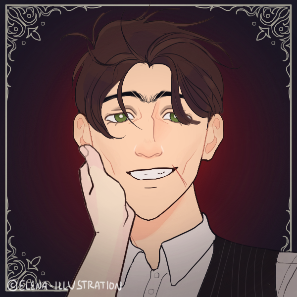 Front facing picrew (credit @elena-illustrations) of Andrew Spencer, a lightly tanned white man with brown hair tousled but swept back. He has a small scar on the left bottom end of his smile. His right cheek is held in someone else's hand.