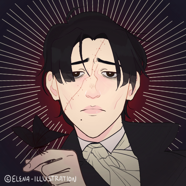 Front facing picrew (credit @elena-illustrations) of Daniel Davies, a white man with black hair in a middle part. He has a stitch line scar running diagonally across his face, and is holding a butterfly on a finger.