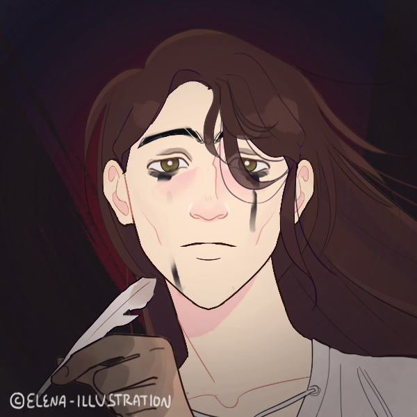 Front facing picrew (credit @elena-illustrations) of Peter Spalding, a white man with long brown hair messy and hanging behind him.. He has adark circles under his eyes, compounded by inky tears. Paint stains the fingers of a hand that holds a pen.